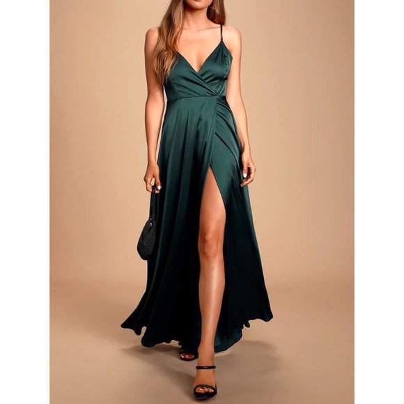 Lulu's Dresses & Skirts - Ode To Love Faux Wrap Sleeveless Satin Maxi Dress in  Emerald Green M